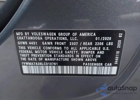 2020 Volkswagen Passat 2.0T R-Line z USA, uszkodzony, nr VIN 1VWMA7A38LC010761